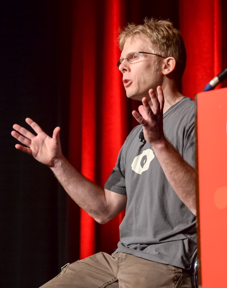 Carmack speaking about 'The Dawn of Mobile VR' during the Game Developers Conference 2015