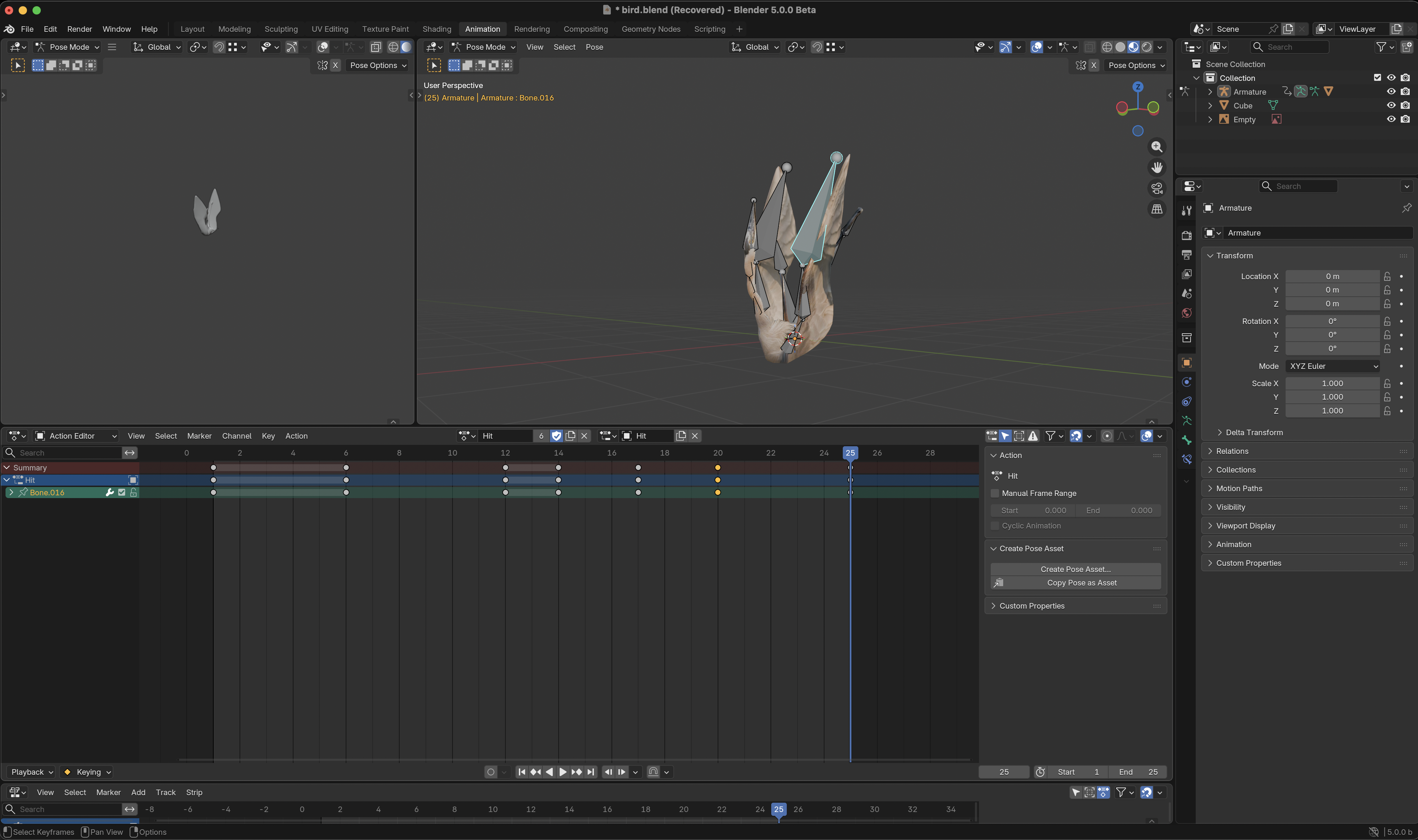 A screenshot of blender with the Heron animated falling down