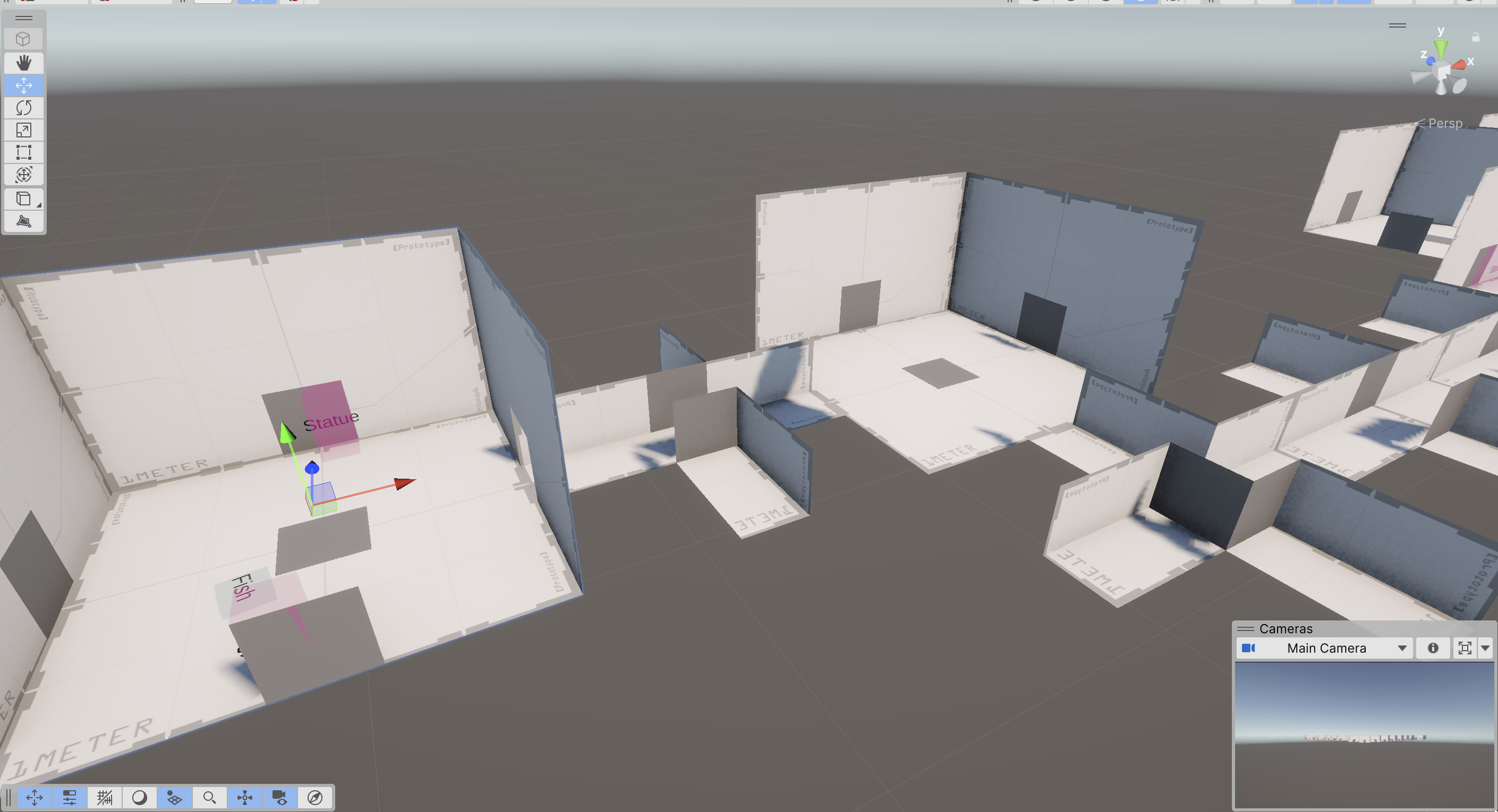 Screenshot of Unity Editor with generated statues, urns, journals, and fish spawned in a labyrinth room