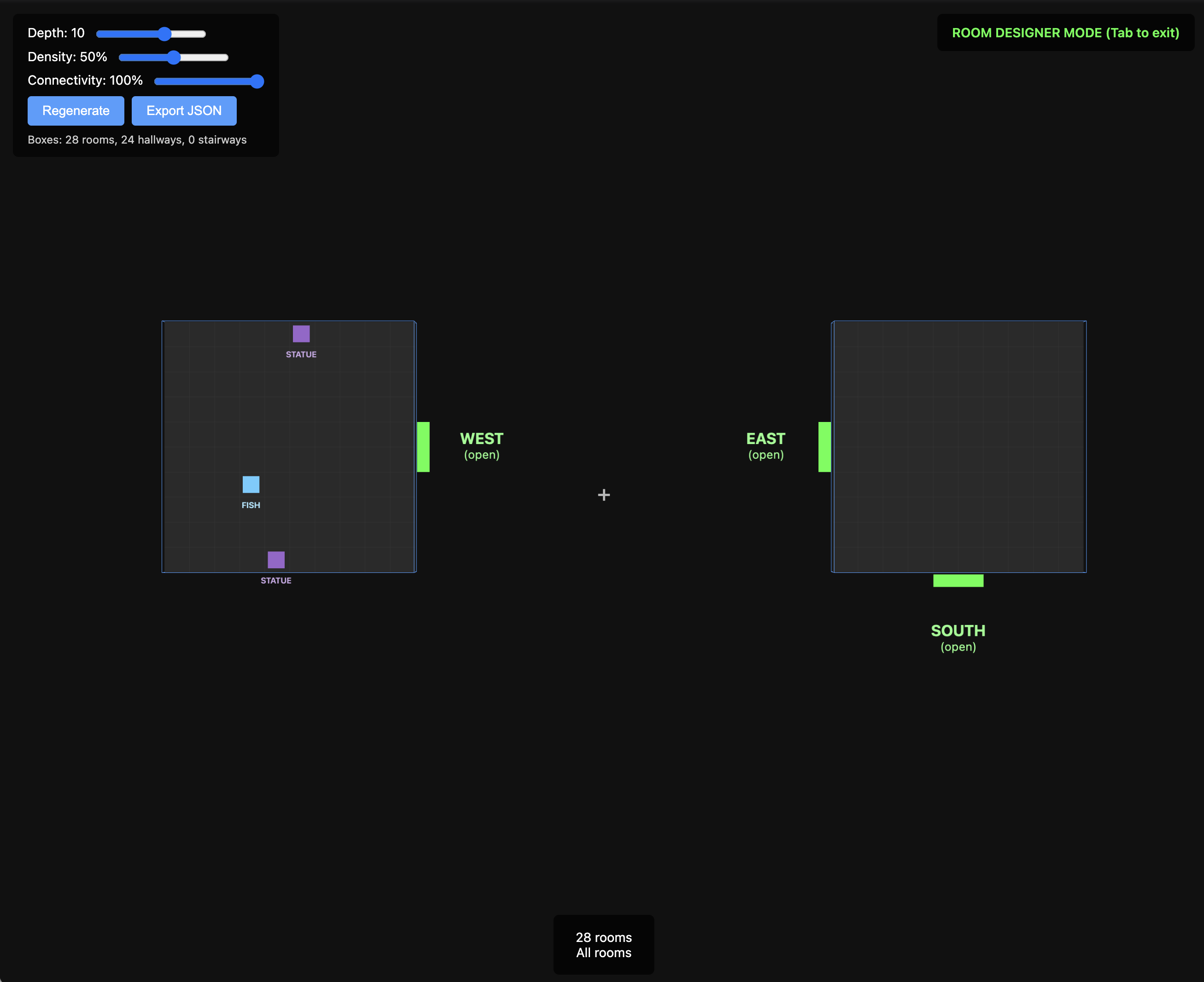 Screenshot of the custom Room Designer tool with draggable objects on an infinite canvas
