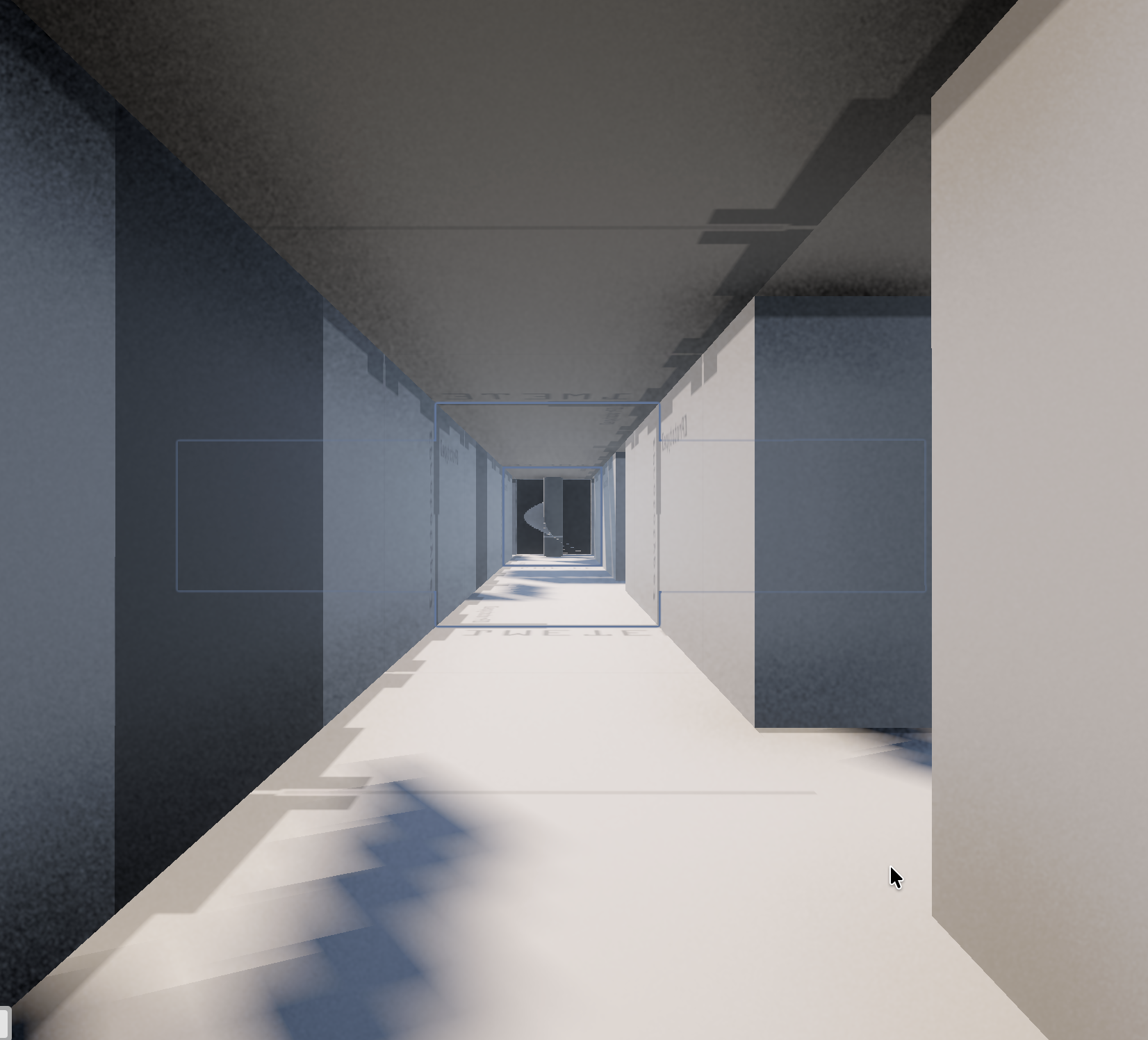 A seamless labyrinth interior with a stairway at the end of a long hallway