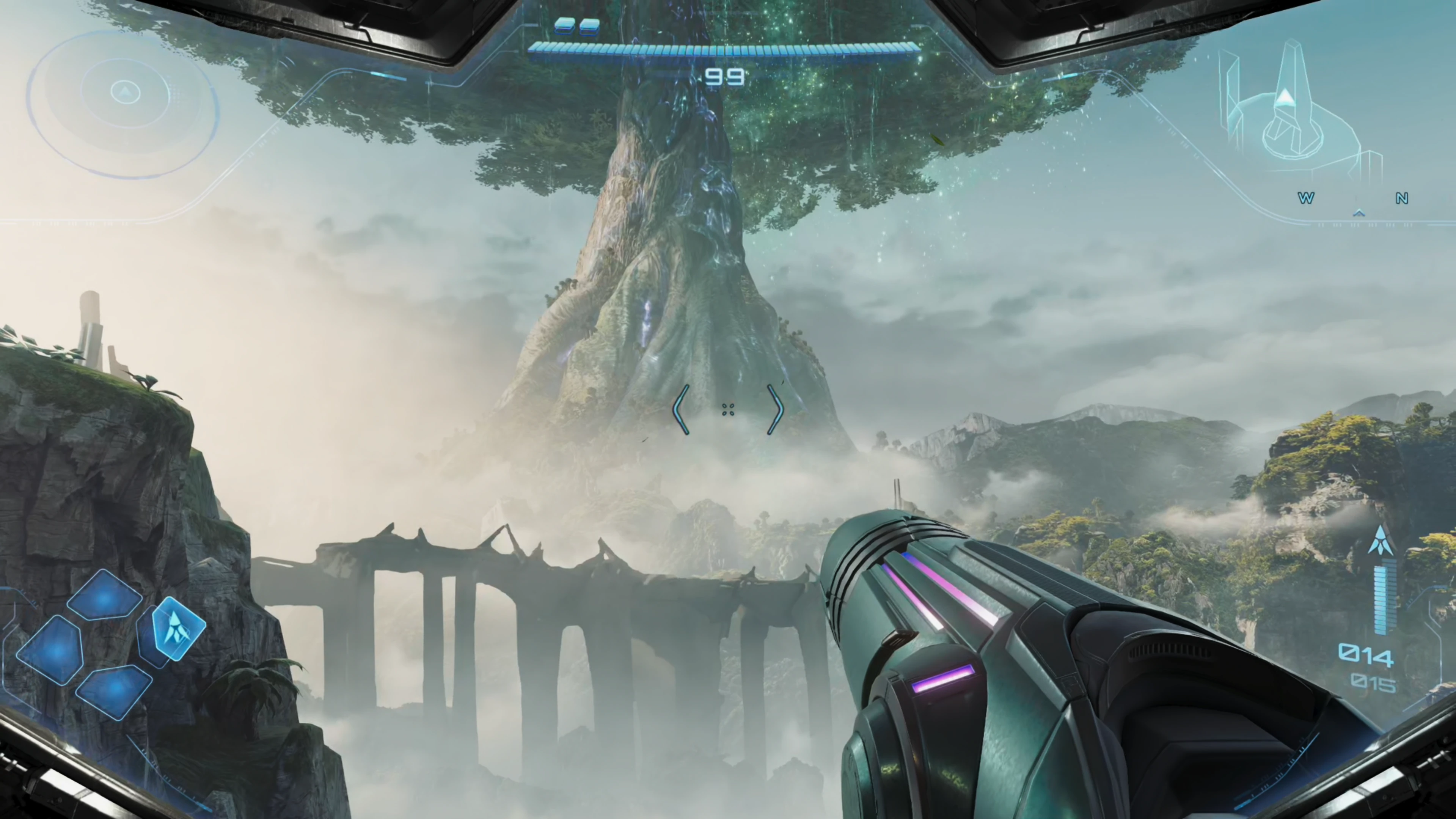 A screenshot from Metroid Prime 4: Beyond, showing a huge tree and bridge. Metroid is a classic and simple game at its core, with straightforward exploration and action. But it is the worldbuilding—the atmosphere, the details, the sense of a vast mysterious place—that transforms it into something unforgettable. The environment makes the game great and turns simple mechanics into a truly memorable adventure.