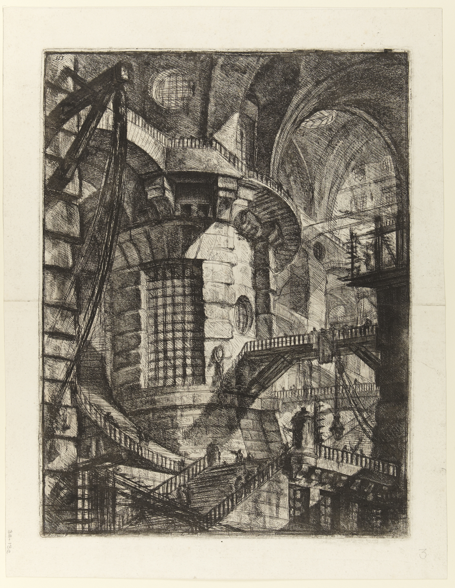 Engraving by Giovanni Battista Piranesi, titled 'The Round Tower', third plate in the second edition of Le Carceri d'Invenzione. The image shows a vast architectural fantasy: monumental arches, winding staircases, bridges, and a round central tower, all rendered with dramatic light and shadow.