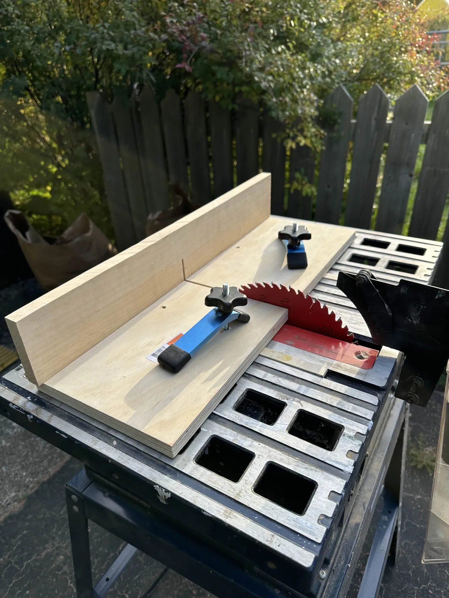 Cross-cut sled front view with clamps