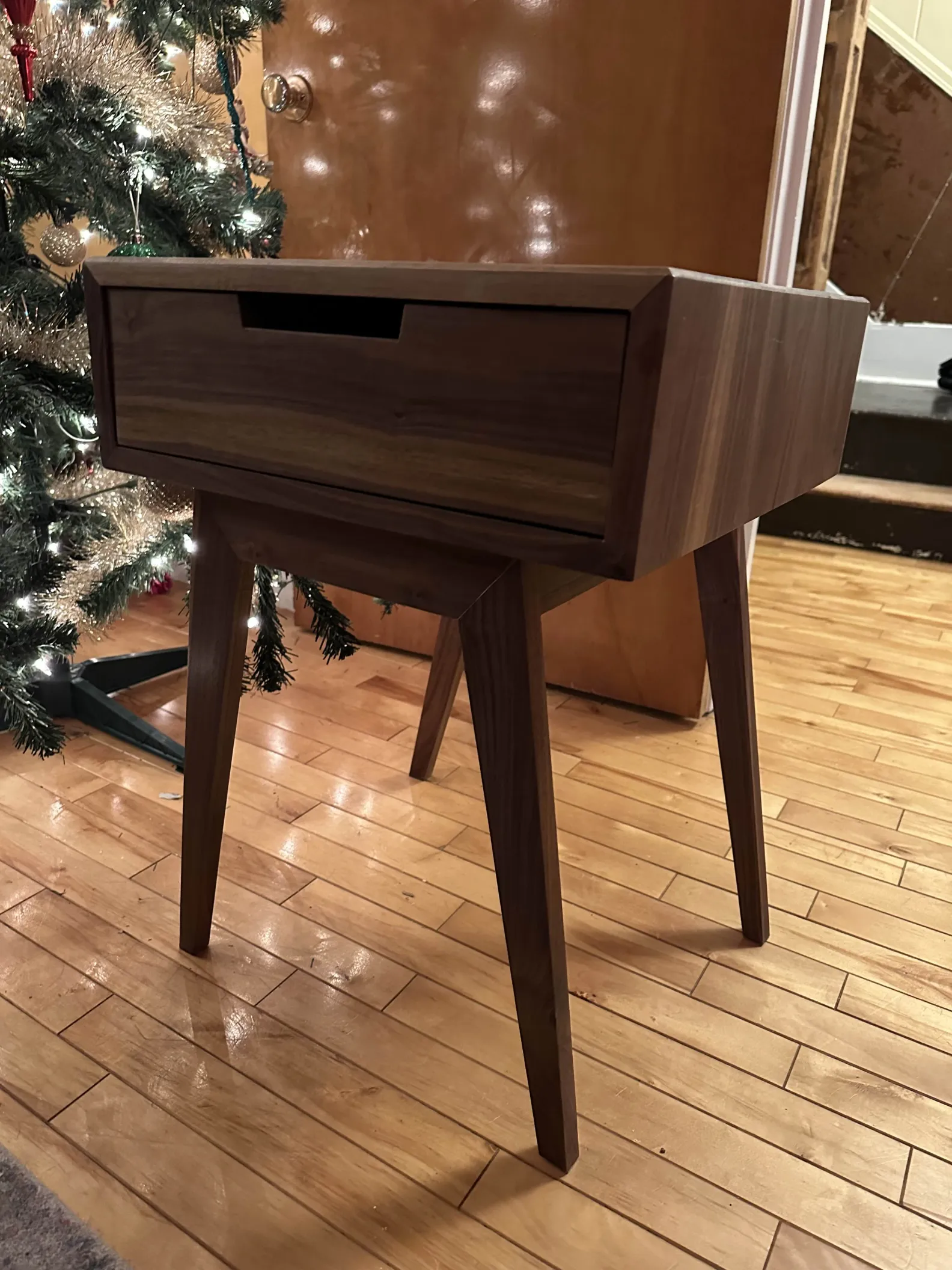 Finished walnut end table with drawer