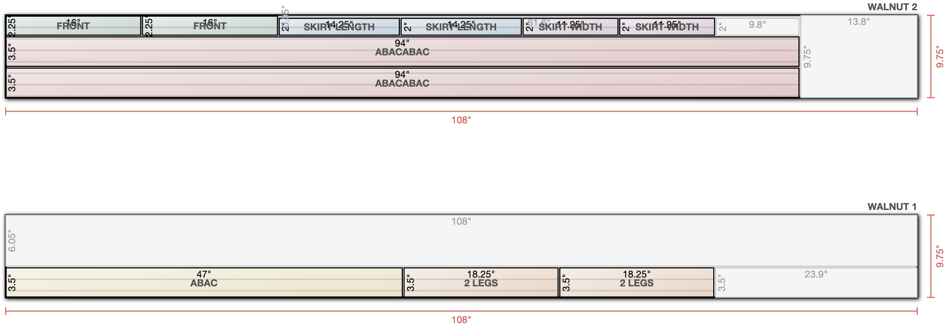 CutList Optimizer diagram for walnut boards